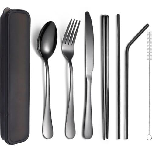 8Pcs/set Camping Tableware Set Reusable Travel Portable Cutlery Set Stainless Steel Spoon Fork Chopsticks Straw with Gift Box
