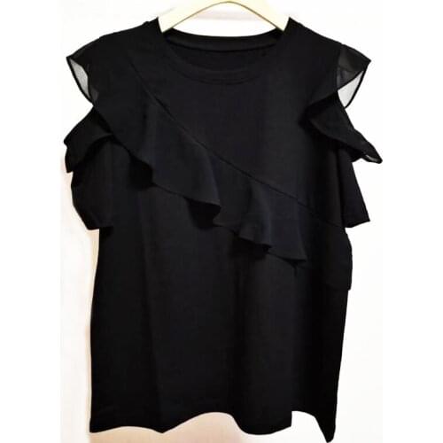 Irregular Ruffled Chiffon Patchwork Off Shoulder O Neck Short Sleeve Solid Woman Tshirts X592