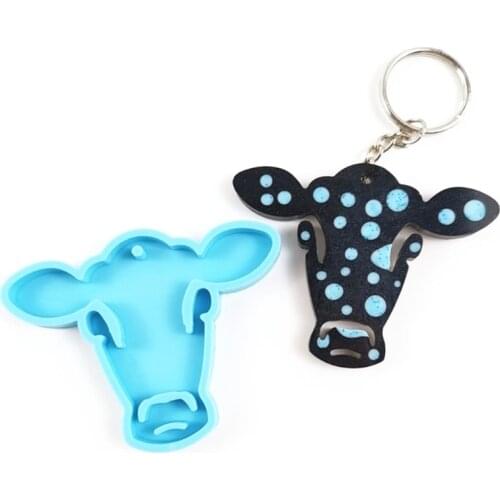 Shiny Cow Head Keychain Epoxy Resin Mold Handmade Key Ring Pendant Silicone Mould DIY Crafts Jewelry Tool