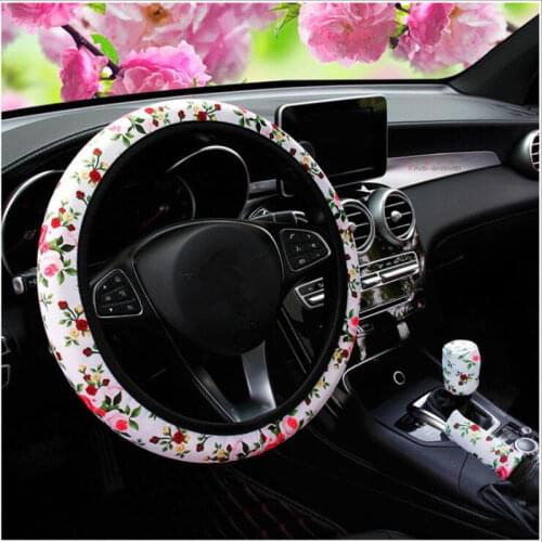 3PCS Breathable Car Interior Accessories Handbrak Cover Car Steering Covers Flower Print Suitable for 37-38cm Gearshift Cover