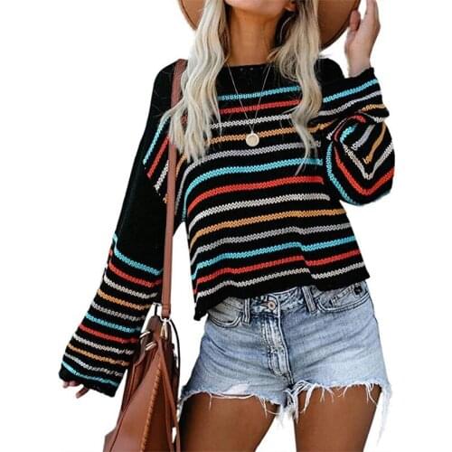 Colorful Striped Sweater Womens New Autumn 2021 Fashion Off The Shoulder Slash Neck Long Sleeve Casual Loose knitted Short Tops