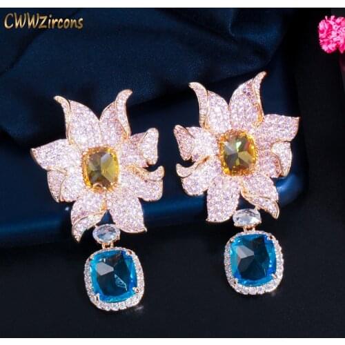 CWWZircons Micro Paved Blue Cubic Zirconia Long Big Geometric Flower Drop Earrings Gold Color Bridal Dress Wedding Jewelry CZ839