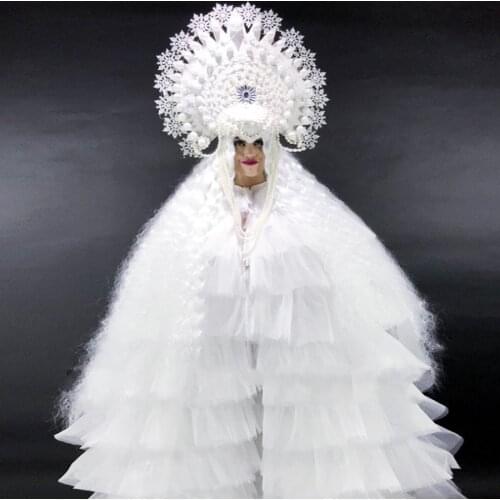 Christmas party performance feather headpiece white snow queen sexy led light costume for stage