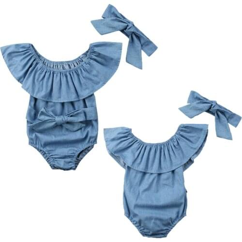 0-24M Baby Denim One-piece Bodysuit Clothes Newborn Babies Girl Headband Outfit Playsuit Clothes 2PCS Cute Sunsuit