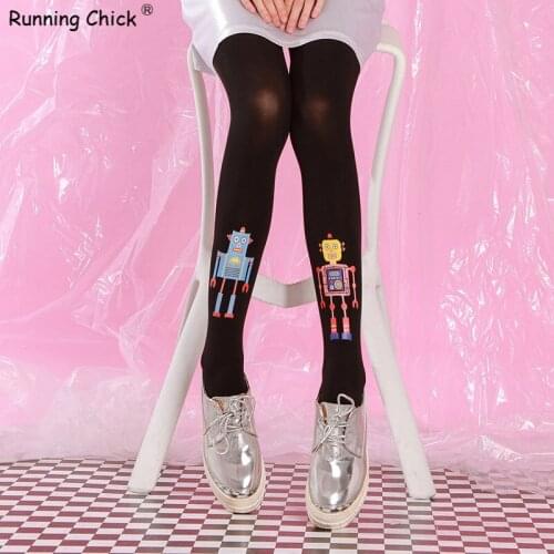 Running CHICK Robot Printed Cartoon Fun Women Pantyhose Wholesales Black + Legs Pattern One Size Cn(origin) Standard