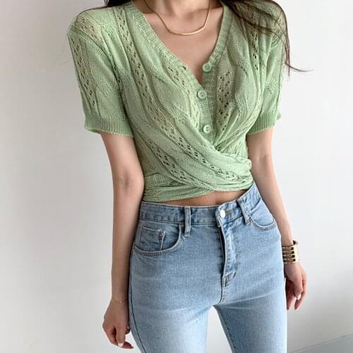 Korean Fashion Green Hallow Out Women Knitted Tops Summer 2021 Bandage Waist Cardigans Single Breasted Crop Top Tshirt White