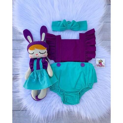 Lioraitiin 0-24M 2Pcs Baby Summer Outfits Match Color Square Color Ruffled Romper + Bowknot Headband Suit