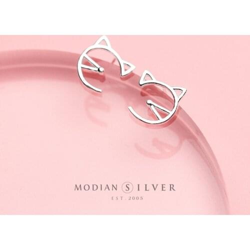 Modian Animal Cat Face Stud Earrings for Women Kid Girls Cute Design 925 Sterling Silver Korean Fashion Jewelry Ear Pins