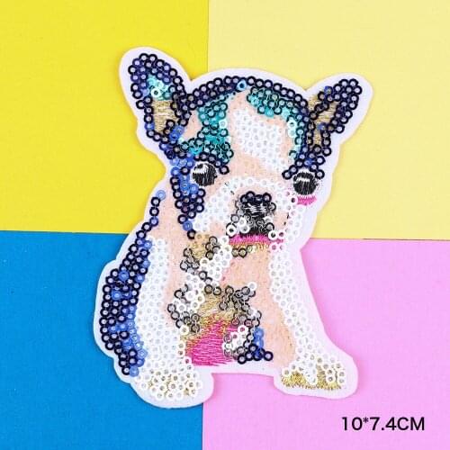 Cute Animal Bulldog Patch Embroidered Iron On Cartoon Patches For Clothes Badge Stickers Fabric DIY Sequin Applique For T-shirt