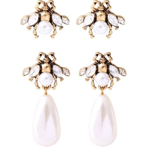 Simple Design Bee Stud Earrings For Women Bohemia Fashion Acrylic Pearl Antique Gold Color Water Drop Pendant Earring Jewelry