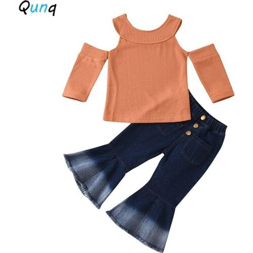 Qunq Girls Suit Fashion Off Shoulder Sleeve Shirts Flares Jeans Kids Spring Fall Clothes for Girls Baby Toddler Children Costume