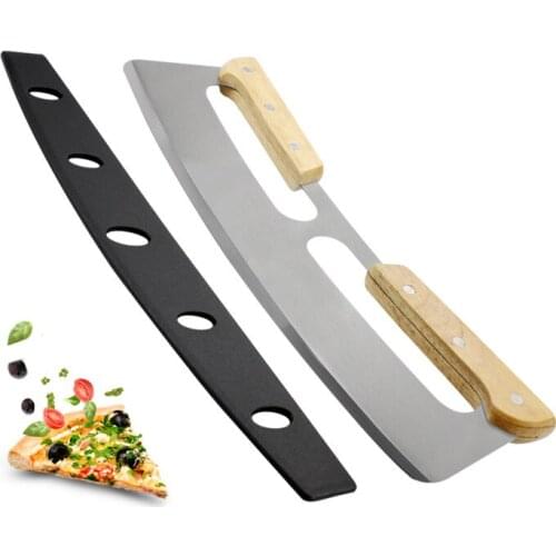 Stainless Steel Pizza Cutter Upgraded Double Handle Semi-circular Pizza Rock Cutter with Knife Cover