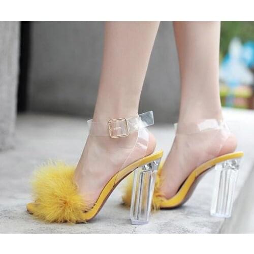 Moraima Snc Block Heels Shoe Sexy PVC Ankle Strap Feather Sandal Open Toe Party Dress Shoe Pink yellow 34-41