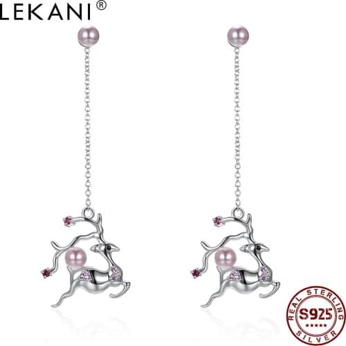 LEKANI 925 Sterling Silver Drop Earrings For Girl Christmas Sika Deer Shape With Shell Pearl Engagement Earring Fine Jewelry