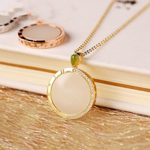 SNewsilver inlaid natural Hetian white jade pendant necklace creative half edge diamond round niche design womens brand jewelry