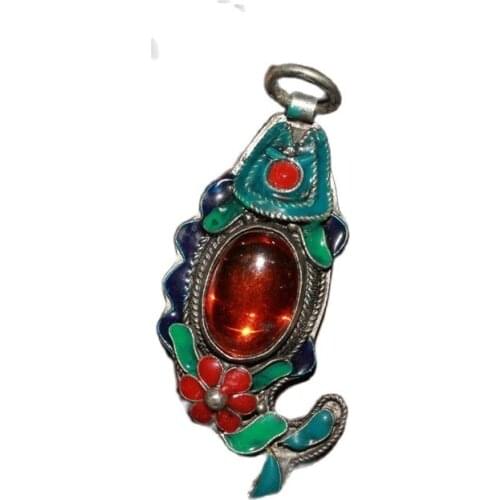 Chinese Old Craft Old Tibetan Silver Inlaid Zircon Pendant