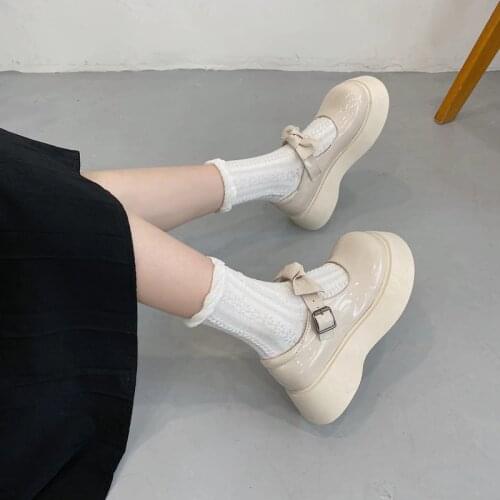 One-Word Buckle Sweet Bowknot Thick-Soled Mary Jane Womens Shoes Spring And Summer New All-Match Pumps Small Leather Shoes