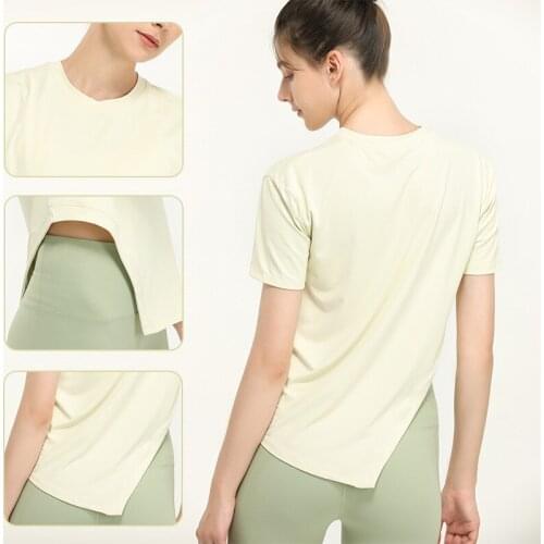 High Elastic Asymmetry Hem Sports Crop Top Womens Loose Fitness Running Cover Tee T Shirt Short Sleeve Yoga Shirt for Women Gym