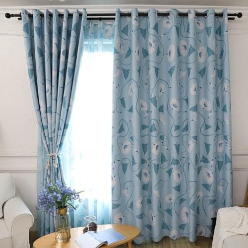 Korean Cute Modern Minimalist Pastoral Style Morning Glory Printed Jacquard Curtains Blackout Curtains for Living Room Bedroom