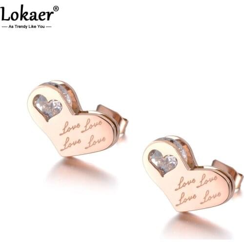 Lokaer Stainless Steel Jewelry Love Heart Stud Earrings For Women Girls Rose Gold Heart CZ Crystal Engagement Earrings E19034