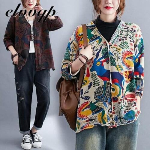 Cartoon Print Female Loose Knitted Cardigan Jackets 2020 New Women Autumn Casual Vintage Style V-neck Sweater Coats LU1601
