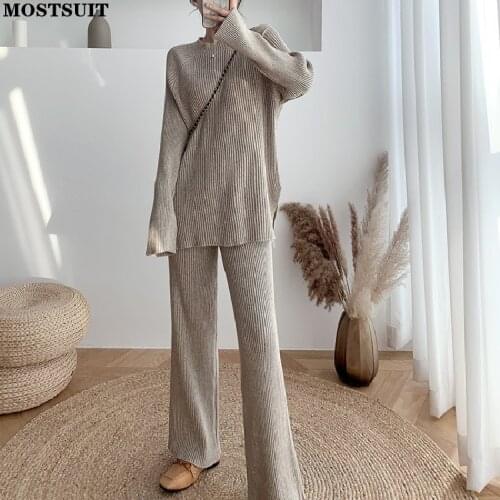 Autumn Fashion Loose Women 2 Pieces Knitted Set Long Sleeve Side Split Pullovers & Elastic Waist Wide Leg Sweater Pants Set 2021