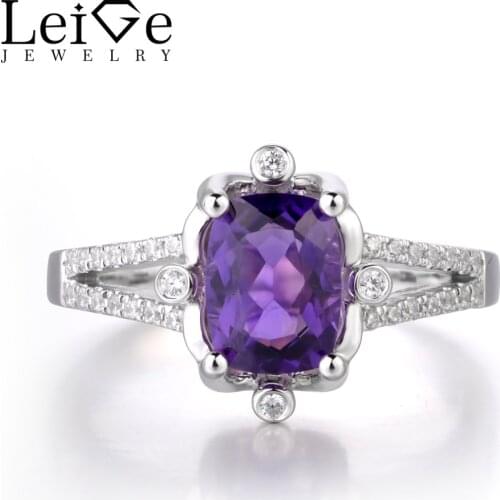 Leige Jewelry Genuine Amethyst Purple Color Gemstone Cushion Cut Engagement Rings February Birthstone 925 Sterling Silver