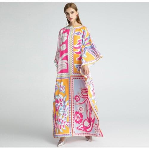 2021 Floor Length Batwing Over Size Colorblock Print Collar Elegant Knit long-sleeve Dress Womens Spring Fashion Clothing