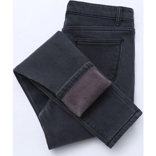 Winter High Waist Jeans Women Thick Warm Stretch Skinny Pencil Pants Female Simple Casual Black Plus Size Trousers