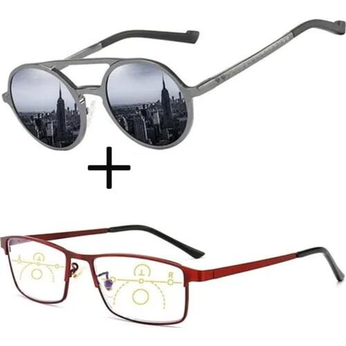 2Pcs!!! Red Metal Progressive Multifocal Reading Glasses Far and Near and Double Bridge Round Sunglasses for Men Women