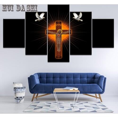 Wall Art Pictures Frame 5 Pieces Glowing Jesus Crosses Kitchen Restaurant Living Room home Decor HD Print Poster Canvas Painting