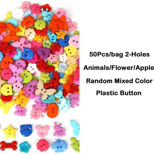 50pcs Random Mixed Colors Animals/Flower/Apple Shape Plastic Buttons For DIY Garment Sewing Clothes Accessories