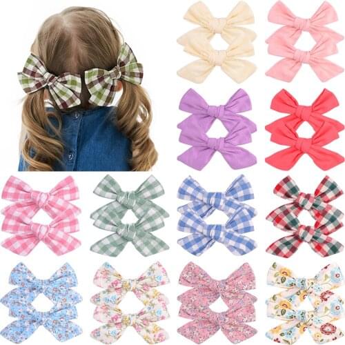 2pcs/lot Cotton Fabric 5inch Bow with Clip Child Girl Boutique Hair Bows Handmade Hair Clips Barrettes Headwear Hair Accessories