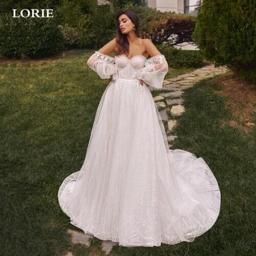 LORIE Sparkling Lace Wedding Dress A Line Off The Shoulder Lace Bridal Wedding Party Gowns With Detachable Sleeve Wedding Gowns