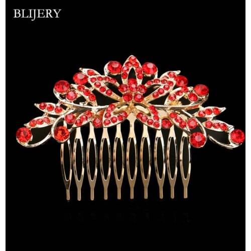 BLIJERY Gold Color Flower Wedding Hair Combs Red Rhinestone Crystal Bridal Hair Accessories Engagement Party Women Hair Jewelry