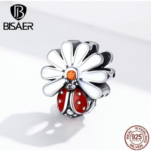 Ladybug beads BISAER 925 sterling silver white daisy flowers & ladybug beads charms fit diy bracelets accessories making ECC1276