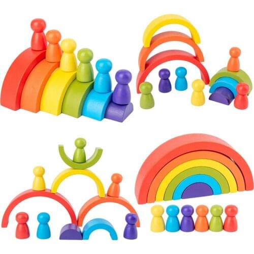 Baby Wooden Rainbow Building Blocks Semicircle Ectangular Board Pegdolls Geometric Educational Wooden Toys For Kids Gift