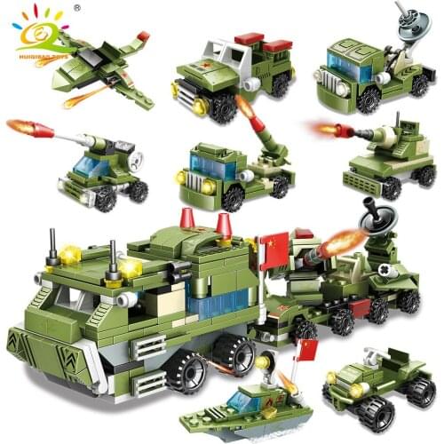HUIQIBAO 407PCS Military WW2 Army Truck Model Building Blocks Soldier Figures Weapon Car Bricks Construction Toys for Children