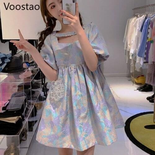 Summer Sweet Lolita Princess Dress Women Elegant Cute Puff Sleeve Mini Dresses Girly Kawaii Square Collar Holiday Fairy Dress