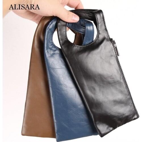 Alisara Mini Hand Bag Men First Layer Cow Leather Top End Quality Casual Cell Phone Purses Simple Storage Wallets Clutch Bag