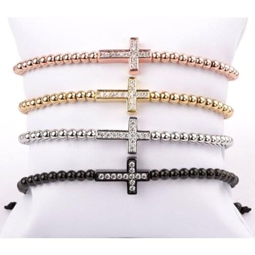 Fashion classic design small stainless steel beads CZ cross charm braided adjustable bracelet