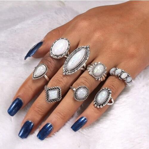 8-15pcs Bohemian Retro Crystal Flower Leaves Hollow Lotus Gem Ring Set Women Wedding Anniversary Gift