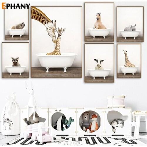 Nordic Funny Bathtub Animal Canvas Painting Giraffe Bear Deer Hippo Wall Art Pictures for Kids Room Toilet Print Poster Decor