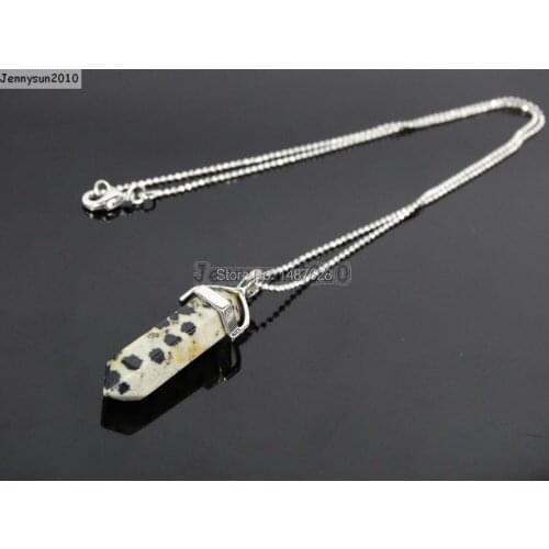 Natural Dalmation Spots Gems Stones Hexagonal Pointed Healing Reiki Chakra Pendant Beads Silver 17'' Chain Necklace 5 Sets/Pack
