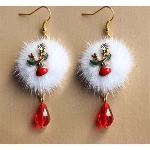 2019 New Fashion Santa Elk Cute White Pom Pom Red Crystal Pendant Earrings Female Christmas Gift Jewelry Christmas Earrings