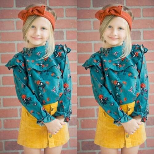 Toddler Baby Girl Clothes Flower Print Ruffle Long Sleeve Tops Solid Color Button Mini Skirt 2Pcs Outfits Clothes