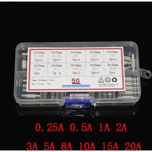 50pcs / Box Ceramic Fuse 5mm x 20mm Slow Blow 250V 0.25A 0.5A 1A 2A 3A 5A 8A 10A 15A 20A Fuse Insurance Tube 5*20 mm