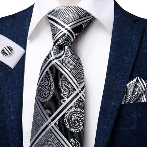 Hi-Tie Large Mens Tie Set Black Plaid Paisley Luxury Silk Neckties For Men Fashion Design Hanky Cufflinks Set Wedding Quality