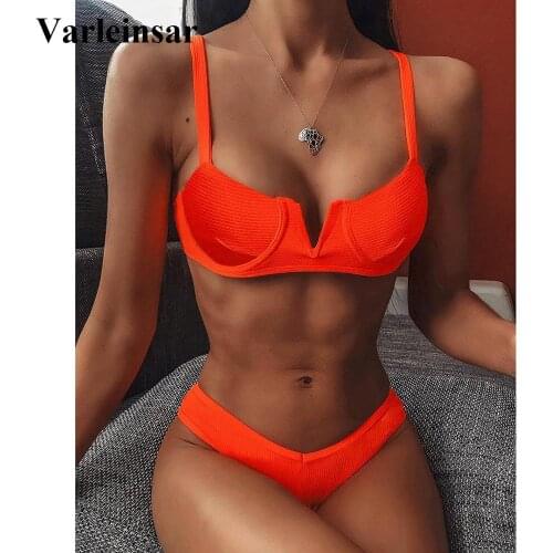 Sexy Underwired V Shaped Bra Cup Bikini Swimsuit Female Swimwear Women Two-pieces Bikini set Bather Bathing Suit Swim Wear V1549