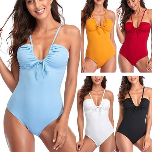 Sexy V-neck One Piece Swimsuit Ruched Swimwear Women Knotted Beachwear Backless Swimming Suit for Women 2021 Summer